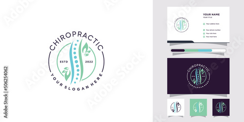 Chiropractic medical logo with leaf element and business card Premium Vector