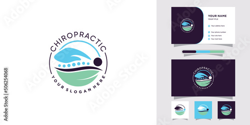 Chiropractic medical logo with leaf element and business card Premium Vector