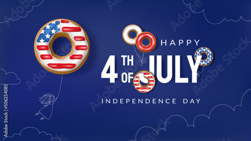 Banner of happy 4th july usa independence day on blue background. Donut balloons with the American flag and a girl flying on a balloon