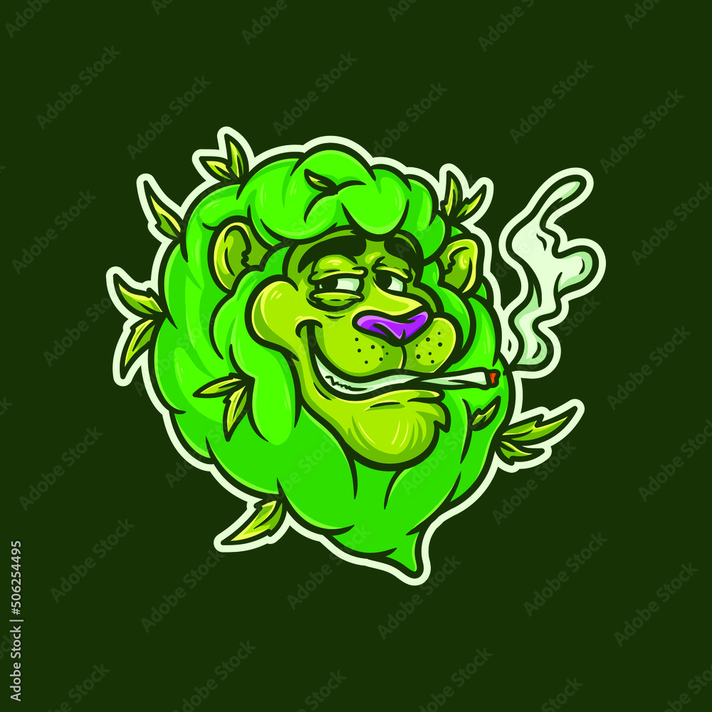 Fototapeta premium Happy Smoker Lion Weed Head Mascot Character