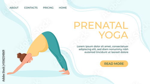 Vector banner template for prenatal yoga studio website. A pregnant woman goes in for sports.