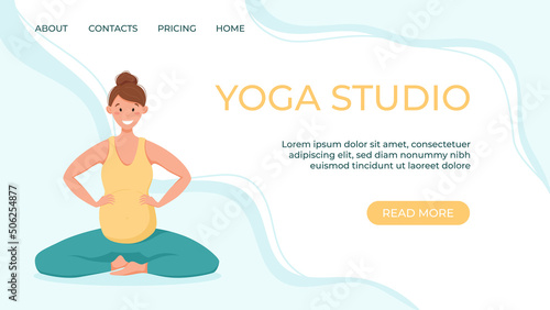 Vector banner template for prenatal yoga studio website. A pregnant woman goes in for sports.