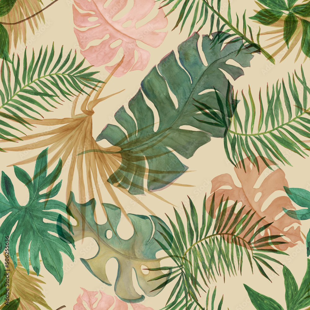Fototapeta premium Tropical leaves seamless pattern, hand drawn with watercolor