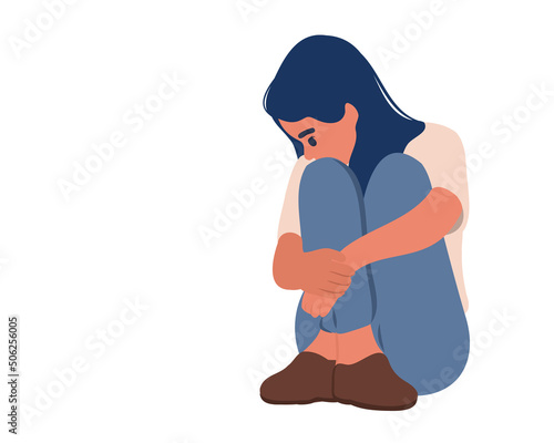 A young woman or girl suffering from mental illness sits on the floor. Symptoms of teenage depression, panic attack, after the death of a parent or friend. Vector illustration