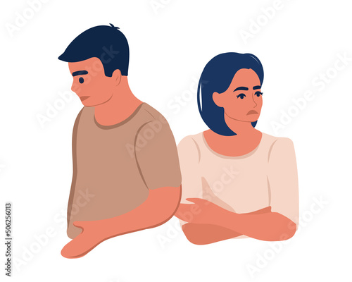 Conflicts between husband and wife disagreement, resentment, divorce or misunderstanding in the family. A man and a woman in a quarrel stand with their backs to each other. Flat vector illustration