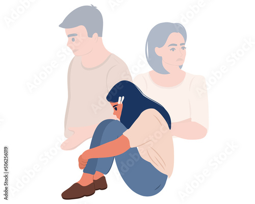 Lonely little teenage girl standing alone at home, upset unhappy child waiting for parents, thinking about problems, bad family relationships, parents divorce, psychological trauma. Vector 
