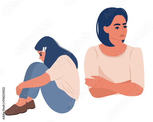 Upset teen girl and mom ignore each other, don't talk after quarrel, unhappy, parent and child, family generational conflict. Vector illustration