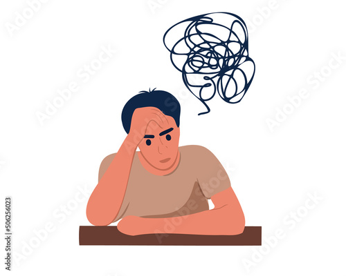 A young man sits sadly and worries. Symptoms of depression reduce appetite and reduce weight. Vector illustration