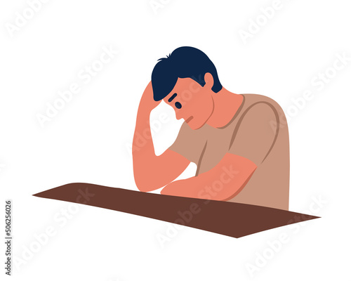 A young man sits sadly and worries. Symptoms of depression reduce appetite and reduce weight. Vector illustration