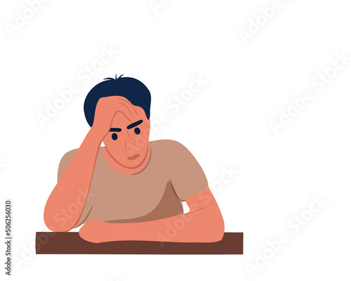 The man sits at the table. Worries, gets angry, regrets, or thinks about what to do. Symptoms of depression, panic attack, after divorce or swept away by spouses, parents. Vector illustration