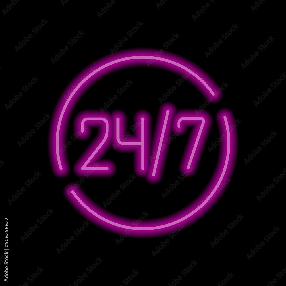 24h hours a day and 7 days a week simple icon vector. Flat design. Purple neon style on black background.ai 24h hours a day and 7 days a week simple icon vector. Flat design. Purple neon style on black background.ai