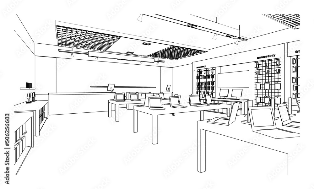 line drawing of computer and gadget shop,Modern design,3d rendering line drawing of computer and gadget shop,Modern design,3d rendering
