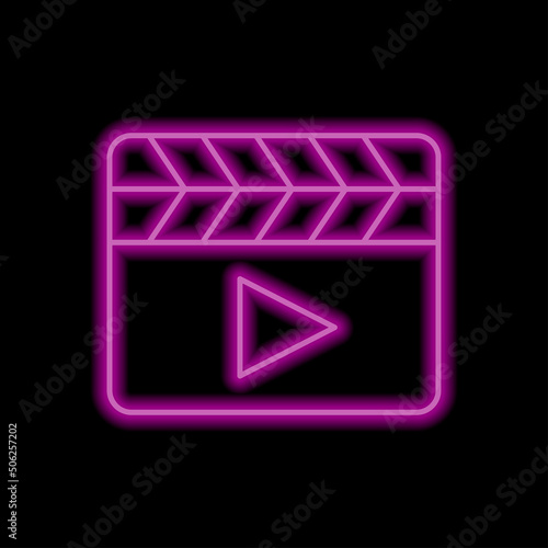 Clapboard simple icon vector. Flat design. Purple neon style on black background.ai