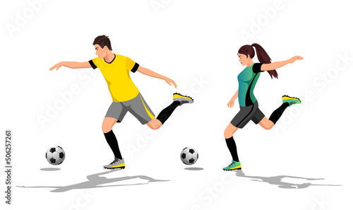 Isolated football, soccer players kick ball, goal, action, movement. Young active healthy man, woman, boy, girl sport activity, training, sport. Sportsman, sportswoman play, pass. Vector illustration