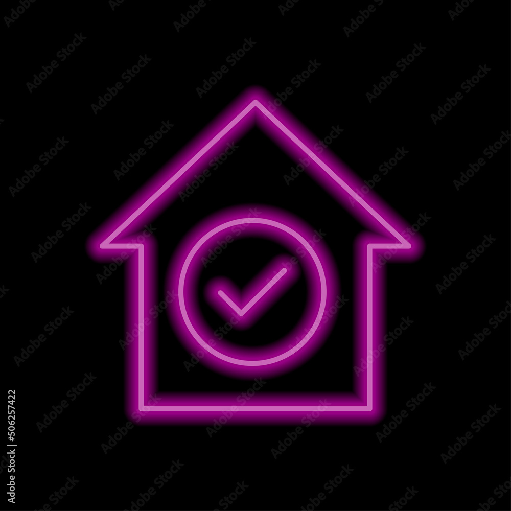 Confirm, agree, house simple icon. Flat desing. Purple neon style on black background.ai Confirm, agree, house simple icon. Flat desing. Purple neon style on black background.ai