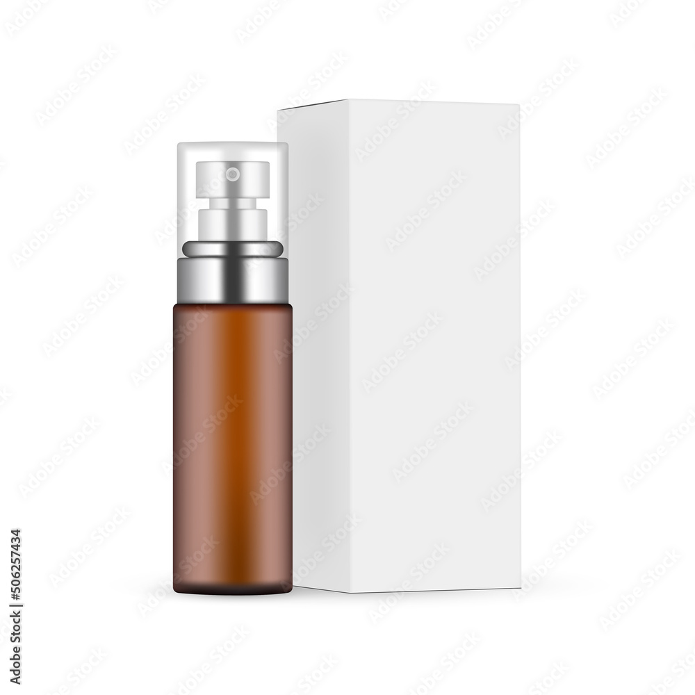 Amber Cosmetic Bottle Mockup With Transparent Cap and Paper Box. Packaging for Perfume or Serum. Vector Illustration Amber Cosmetic Bottle Mockup With Transparent Cap and Paper Box. Packaging for Perfume or Serum. Vector Illustration