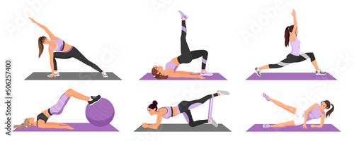 Woman, girl training set gym. Women doing stretching, sport, fitness, yoga exercises. Lunges, squats, side slats, tilt, bridge, fitness ball, fitness elastic band, leg lift, raise. Vector illustration