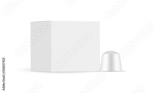 Coffee Capsule Mockup With Packaging Box, Side View, Isolated on White Background. Vector Illustration