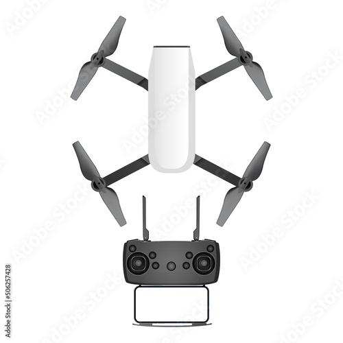 Drone and Remote Control With Smartphone Isolated on White Background. Vector Illustration