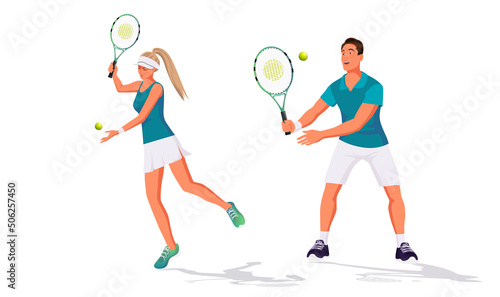 Isolated tennis players hit, kick ball racket action, movement, process, recreation. Young active healthy man, woman, boy, girl sport activity, training, men, women. People play. Vector illustration © GN.STUDIO
