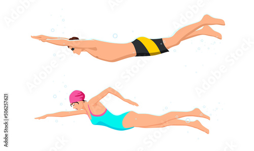 Isolated active healthy strong young man, woman, girl, boy, swimmer swimming pool, glasses, sport suit, competition, training fitness, gym, workout. Freestyle swimming, diving. Vector illustration