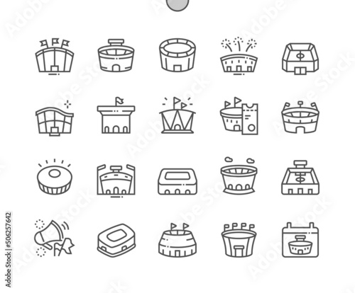 Sports stadium. Arena football, sports competition. Match tickets. Pixel Perfect Vector Thin Line Icons. Simple Minimal Pictogram
