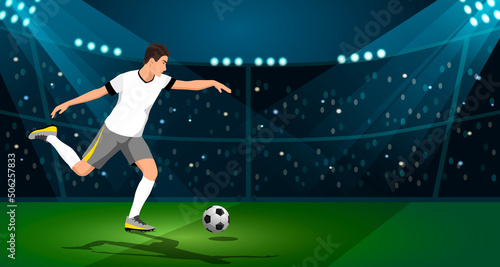 Young male, man, boy, soccer, football player kick, shoot ball, penalty, pass, field, shootout. Footballer, team, match. Goal action, activity, professional sportsman, champion. Vector illustration 