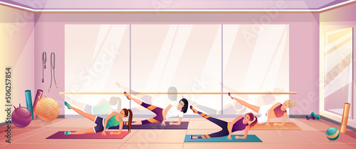 Active healthy women fitness group workout gym, mirrors room. Beautiful sporty girl yoga mat lift, raise legs exercise room sport equipment. Woman training, practicing, stretching. Vector illustration
