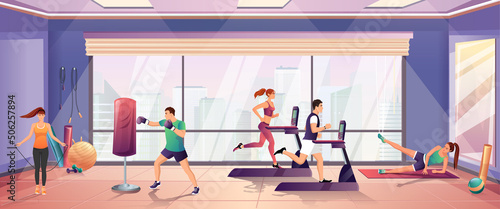 People fitness training gym, center, club. Men, women lift leg yoga mat, run treadmill, box punching bag, jumping rope. Activity sport equipment indoor. City landscape background. Vector illustration