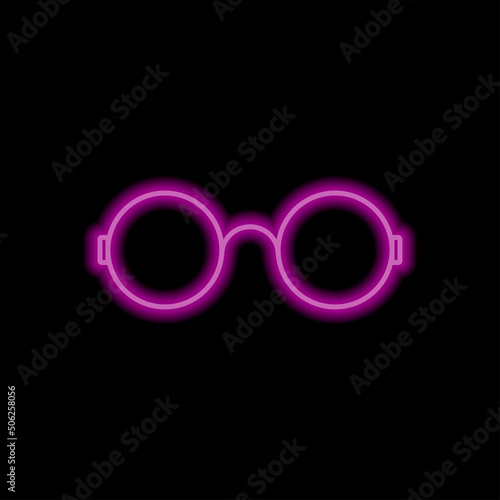 Glasses simple icon vector. Flat design. Purple neon style on black background.ai