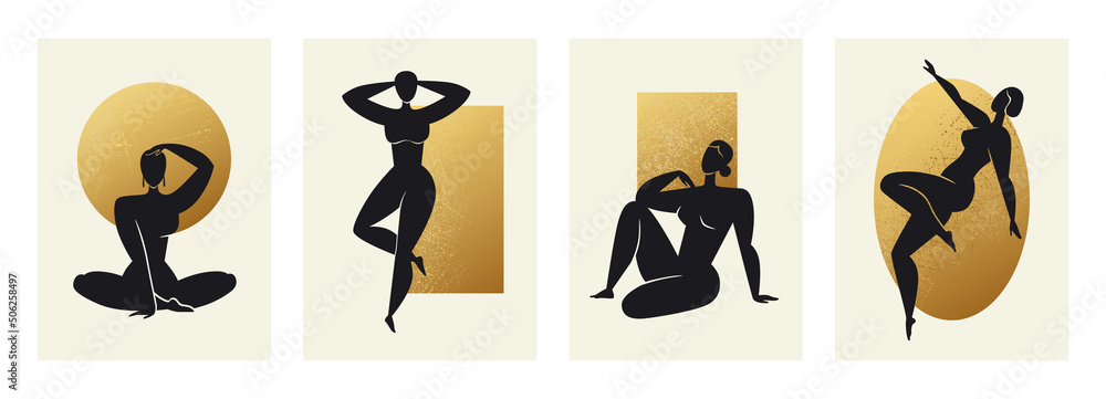 Abstract woman art. Minimal female body with magic boho figures on gold geometric forms background, retro painting of woman silhouettes. Contemporary interior posters, vector outline design - obrazy, fototapety, plakaty 