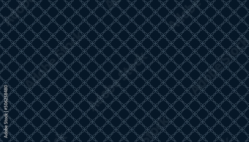 Arabic pattern seamless background. Geometric Muslim ornament dark blue backdrop. Vector illustration of Islamic texture.