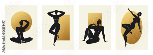 Abstract woman art. Minimal female body with magic boho figures on gold geometric forms background, retro painting of woman silhouettes. Contemporary interior posters, vector outline design