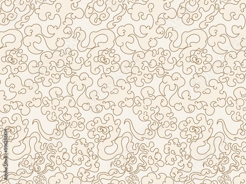 Japanese cloud pattern. Seamless asian background with abstract waves. Beige backdrop, art sky texture curly eastern style. Traditional cloudscape. Decor textile, wrapping paper, vector print