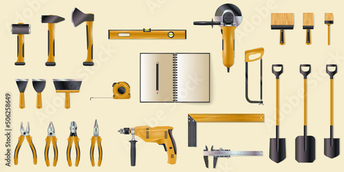 Repair tools. House construction equipment. Hammer and screwdriver. Electric toolkit. Grinder saw. Wrench and shovel. Building instruments set. Putty spatula. Vector design collection