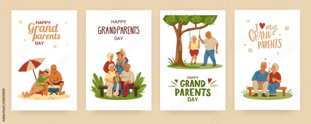 Grandparent Day. Greeting cards. Grandfather and grandmother illustration. Family generation. Senior people dating. Old parents leisure. Elderly couple recreation. Vector postcards set