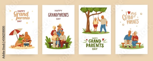 Grandparent Day. Greeting cards. Grandfather and grandmother illustration. Family generation. Senior people dating. Old parents leisure. Elderly couple recreation. Vector postcards set
