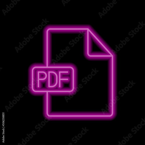 PDF file simple icon vector. Flat design. Purple neon style on black background.ai