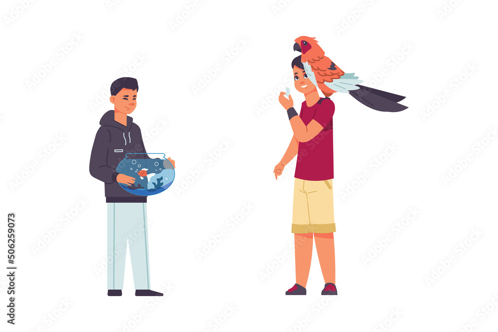 Adopted pets. People taking domestic animals from vet clinics or dog shelters. Man with parrot. Male character holds goldfish aquarium. Boy feeding macaw. Vector bird and fish owners set