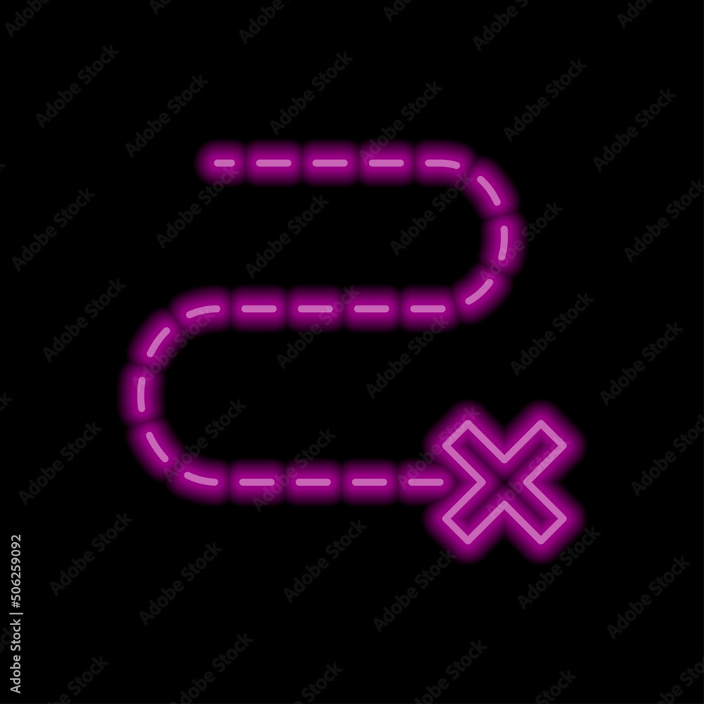Route icon, vector. Flat design. Purple neon style on black background Route icon, vector. Flat design. Purple neon style on black background