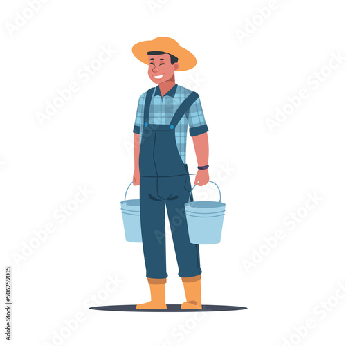 Agricultural work. Farmer characters working in field. Farm worker holding buckets. Man harvesting crops and fruits. Gardening tools. Guy in overalls. Vector gardener carrying pail