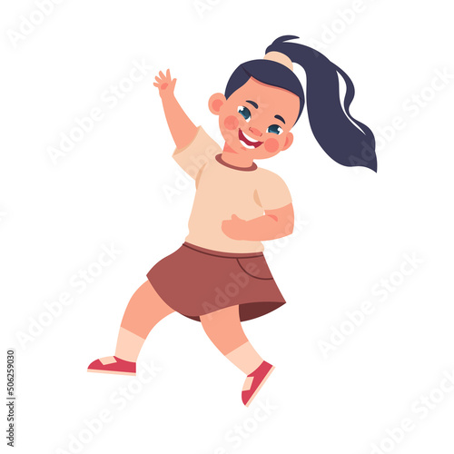 Cartoon happy child. Smiling girl. Young character laughing and jumping. School kids friendship. Positive emotion. Teen playing active game. Person gesture. Vector cheerful teenager
