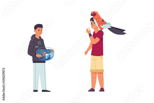 Adopted pets. People taking domestic animals from vet clinics or dog shelters. Man with parrot. Male character holds goldfish aquarium. Boy feeding macaw. Vector bird and fish owners set