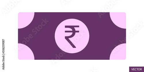 INR money cash vector icon in flat style design for website design, app, UI, isolated on white background. Indian rupee bill vector icon. Rupee paper banknote. Indian currency symbol. Vector file.