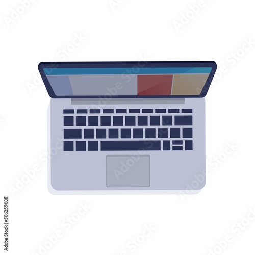 Table top view. Cartoon laptop. Monitor screen. Touchpad and keyboard. Portable wireless personal computer. Office desktop. Working gadget. Digital tablet. Vector electronic device