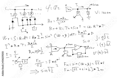 radio engineering schemes. electronic formulas and expressions. scientific and educational background. hand-drawn. vector.