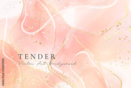 Rose pink liquid watercolor background with golden dots. Peach blush marble alcohol ink drawing effect. Vector illustration design template for wedding invitation, menu, rsvp