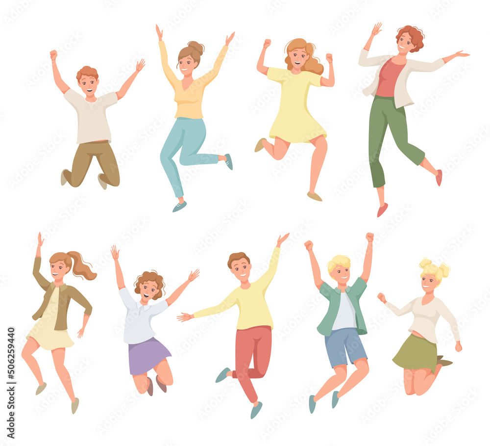 Happy People Character Jumping with Raised Hands Vector Set