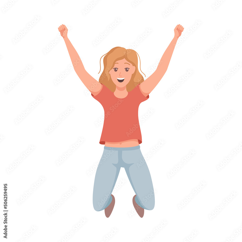 Happy Woman Character Jumping with Raised Hands Vector Illustration Happy Woman Character Jumping with Raised Hands Vector Illustration
