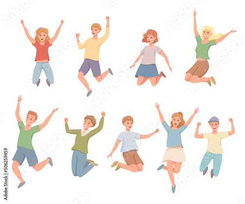 Happy People Character Jumping with Raised Hands Vector Set
